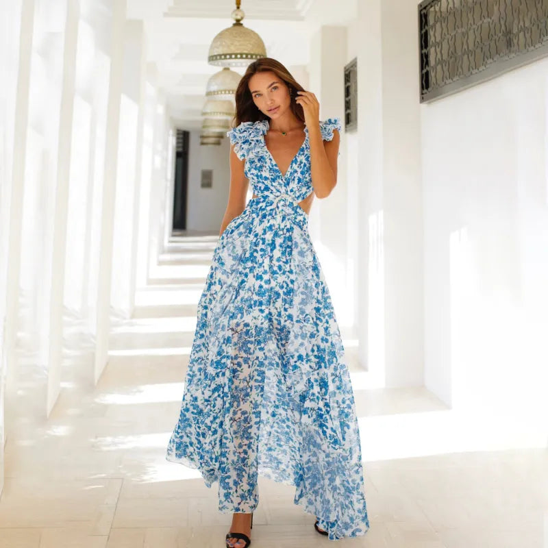 Women's Vacation V-Neck Ruffle Dress