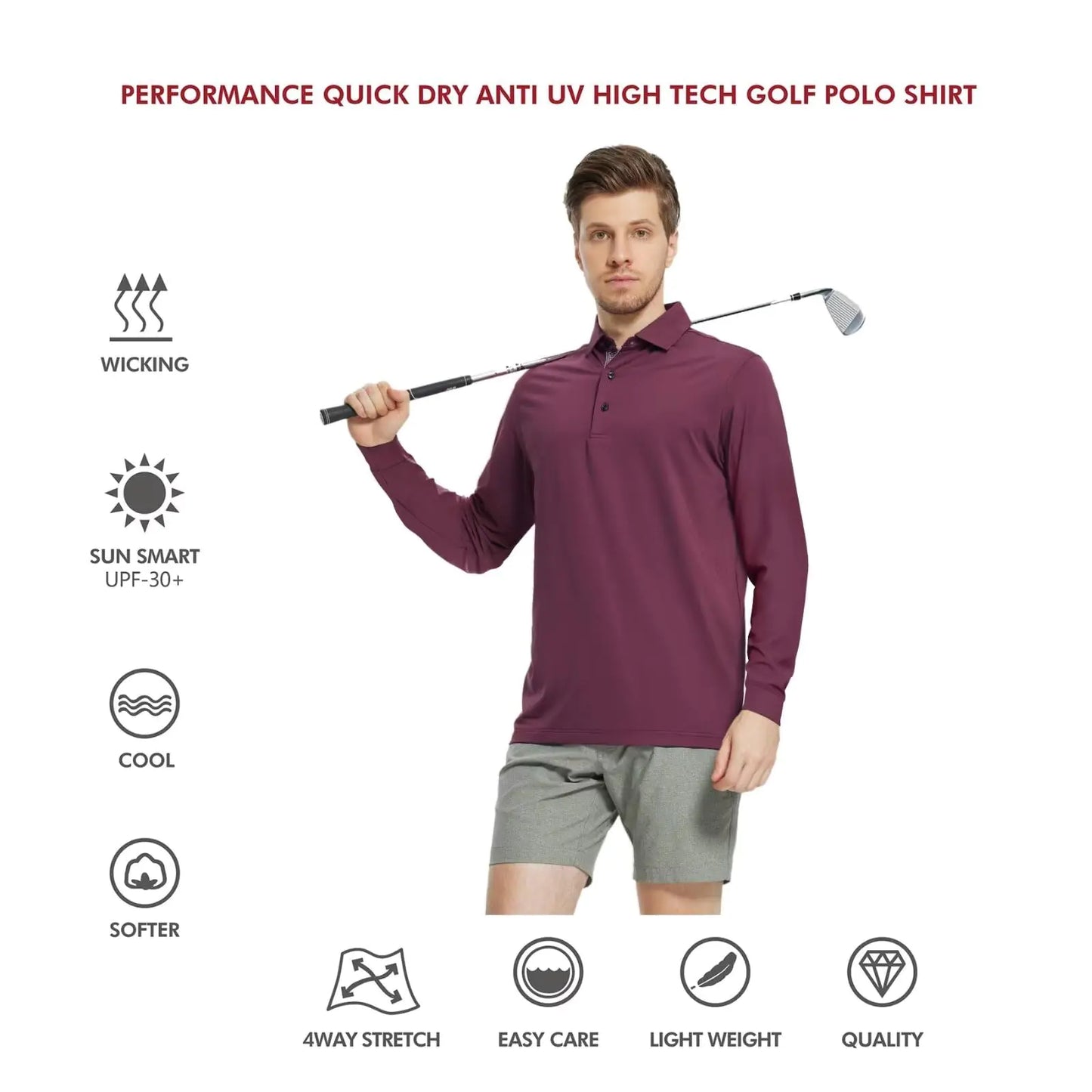 Mens Polo Shirts Short and Long Sleeve Casual Solid Stylish Dry Fit Performance Designed Collared Golf Polo Shirts for Men Medium Bordeaux Red-long