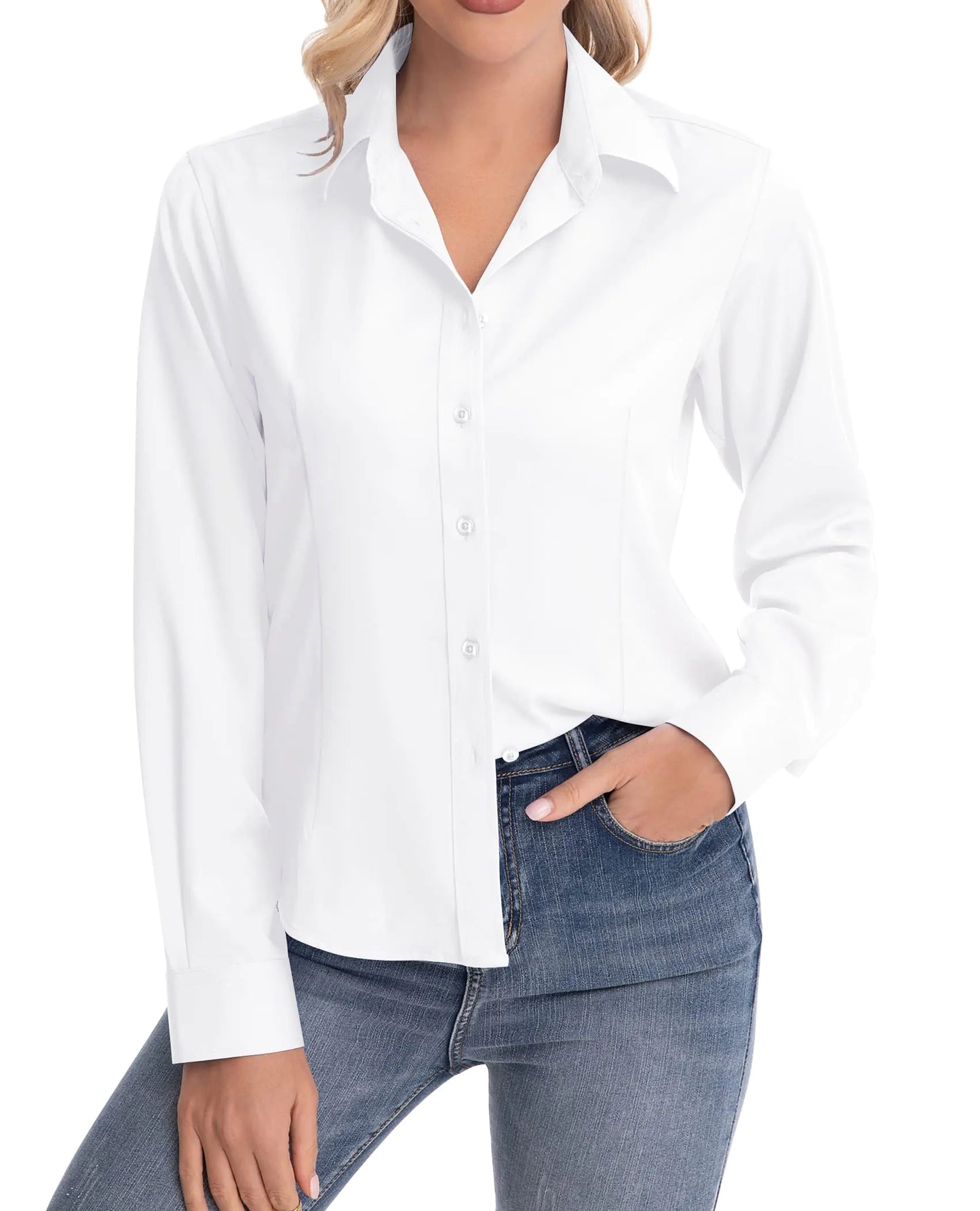 Siliteelon Womens Classic-Fit Dress Shirts Long Sleeve Button Down Wrinkle-Free Stretch Solid Casual Work Office Blouse Top Women Large White