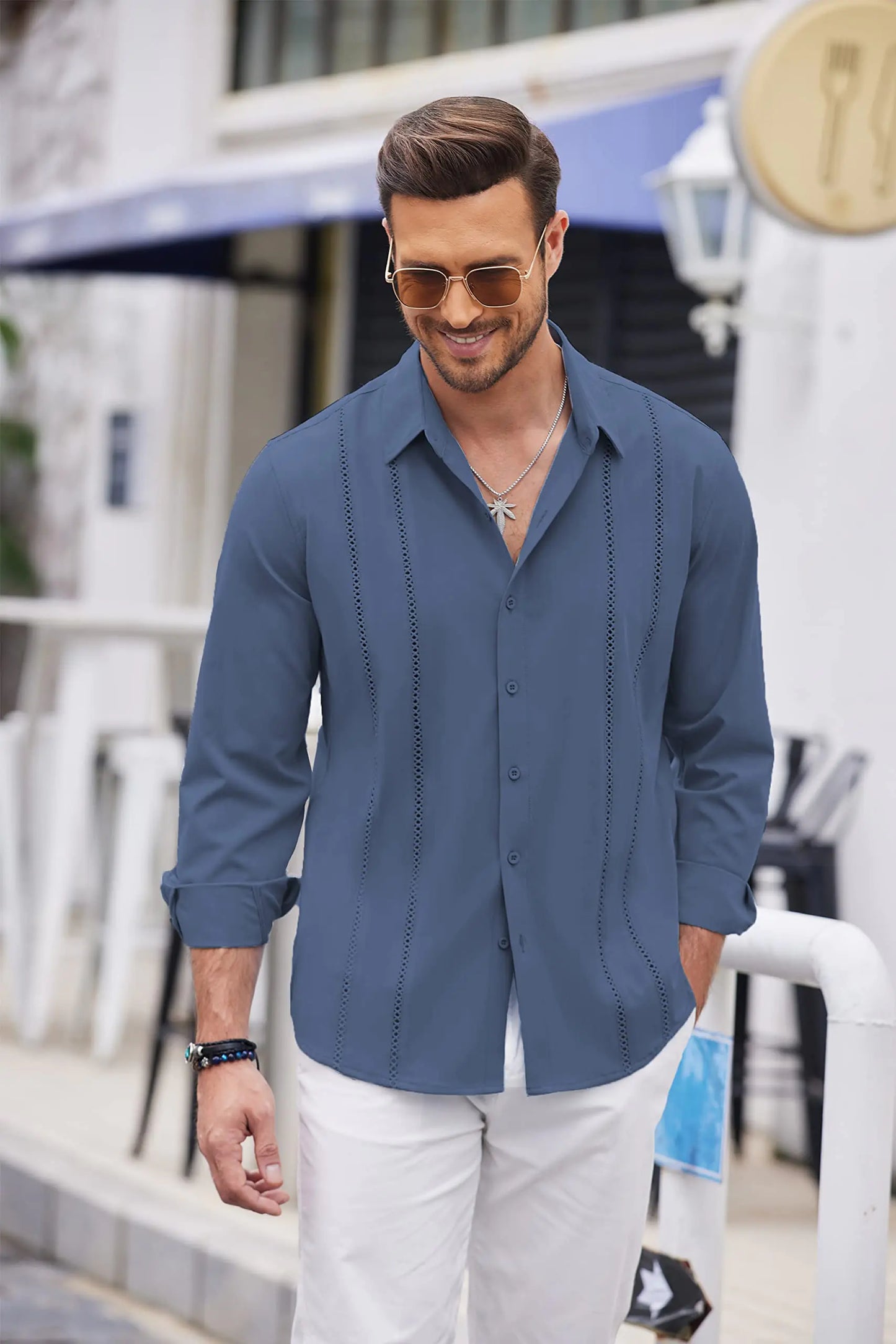 COOFANDY Mens Cuban Guayabera Shirt Casual Button Down Shirts Long Sleeve Summer Beach Shirts 4X-Large Dark Blue