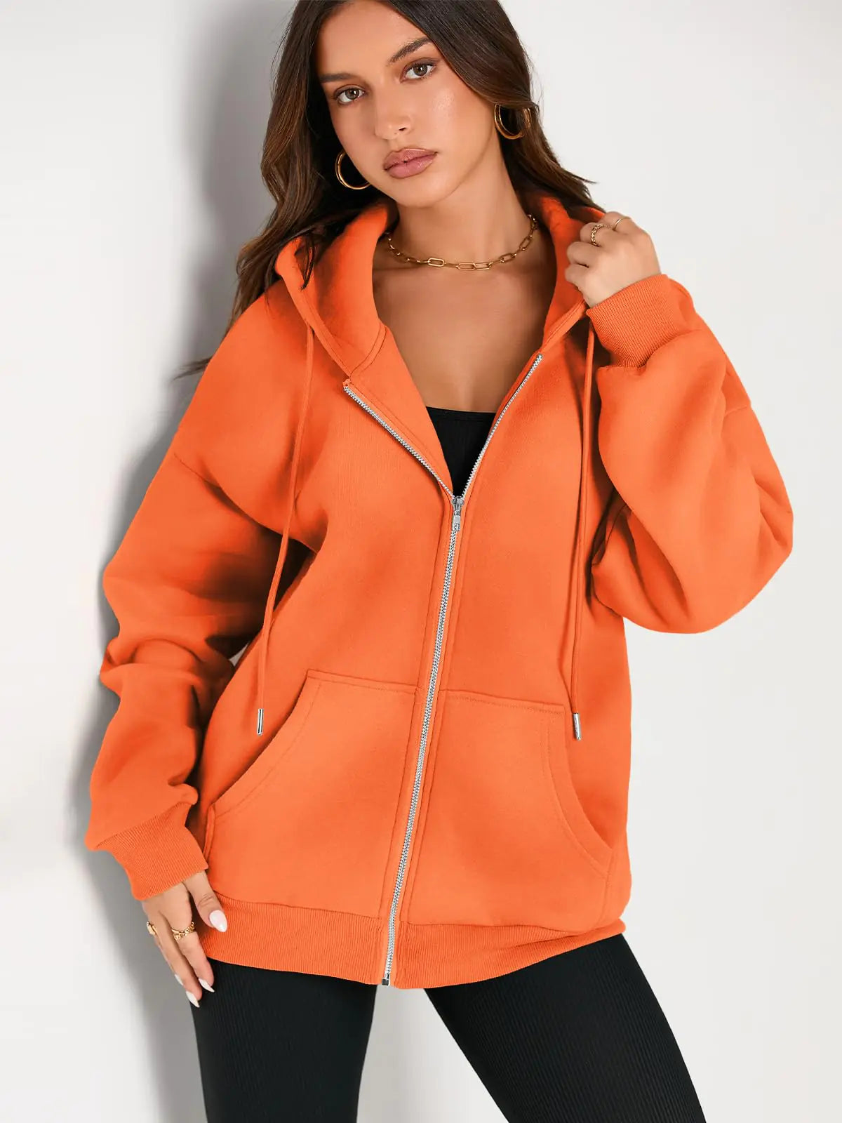 EFAN Women's Drawstring Zip Up Cute Hoodies Fall Jacket Oversized Casual Sweatshirts with Pocket X-Small Orange