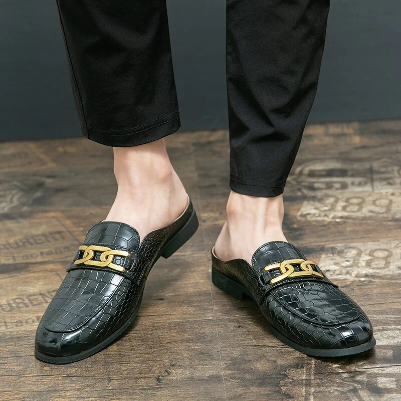 Crocodile Pattern Leather Mules Slippers for Men