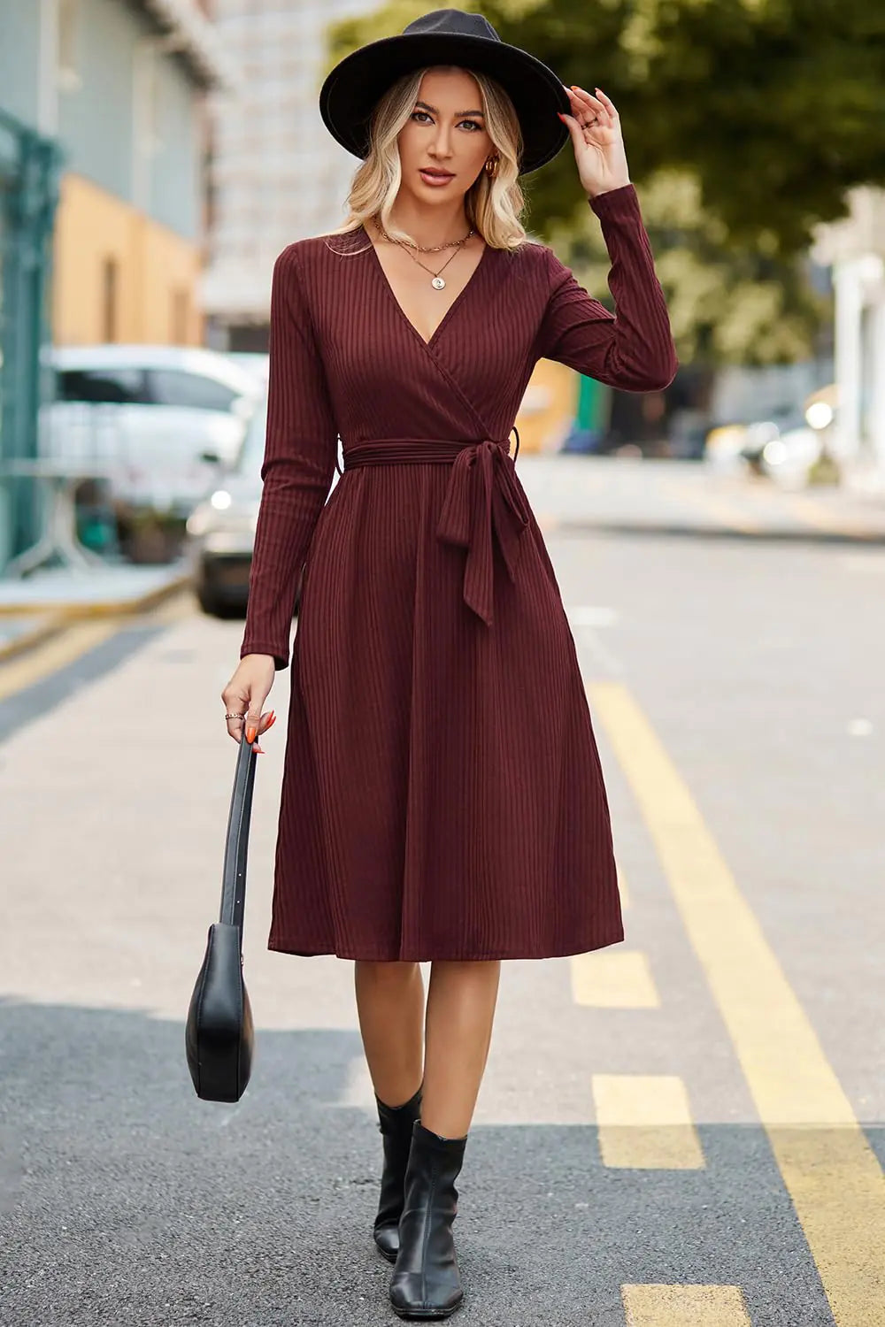 Newshows Womens 2024 Fall Sweater Dress Long Sleeve Business Casual Outfits V Neck Ribbed Knit Belt Trendy with Pockets Wine Red Large