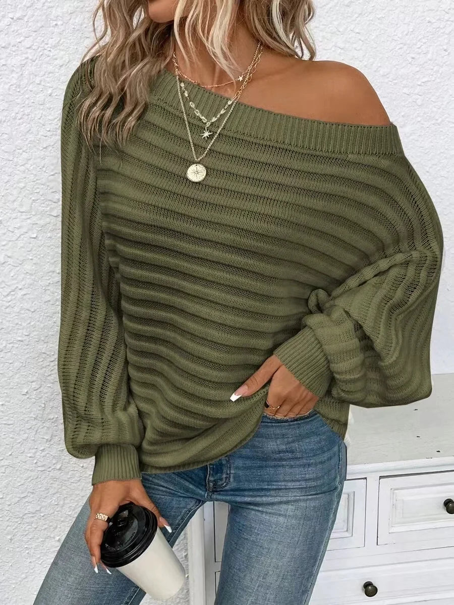 Boat Neck Batwing Sleeve Textured Knit Sweater