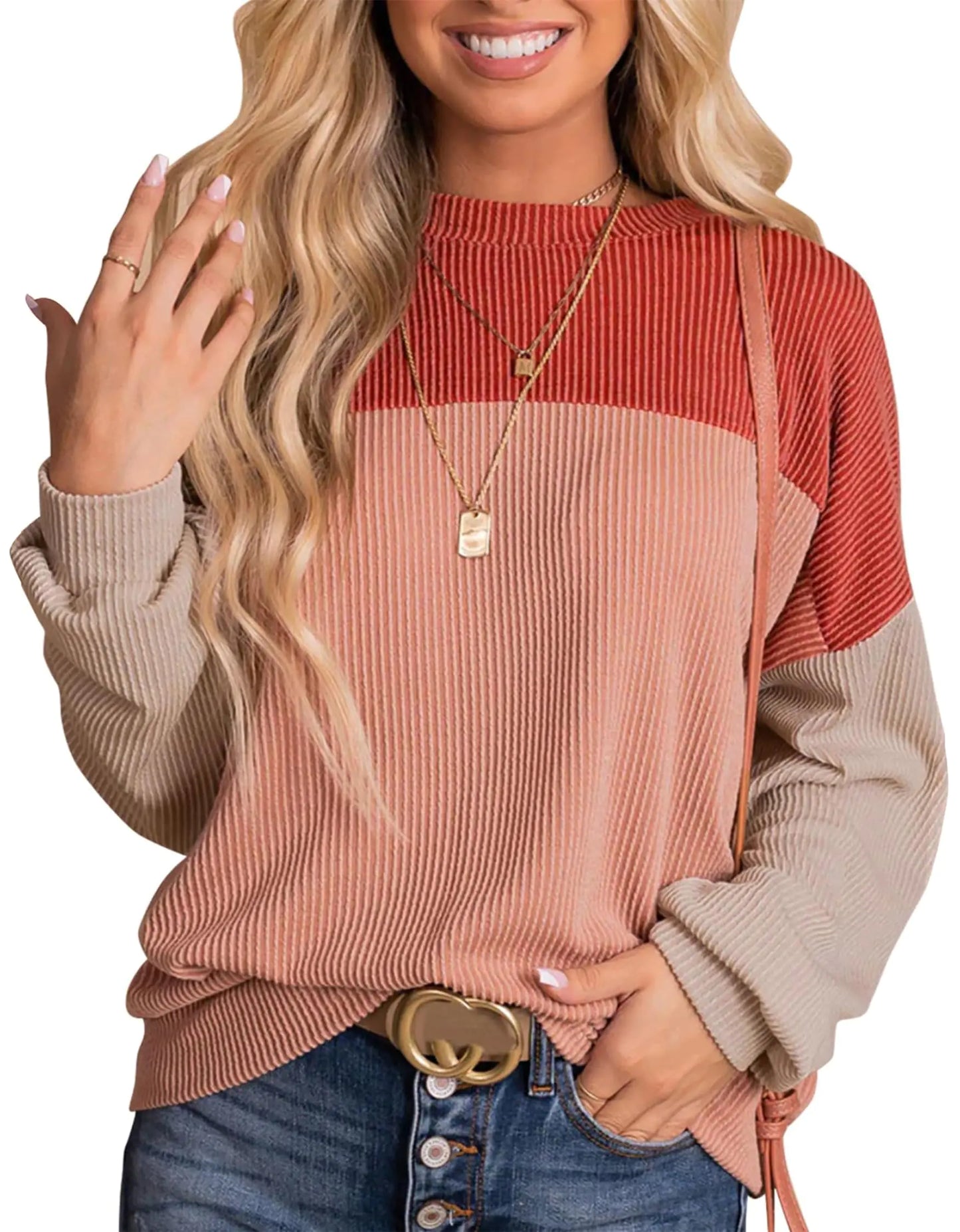 Womens Color Block Long Sleeve Crewneck Knitted Casual Loose Pullover Shirts Tops Large Red