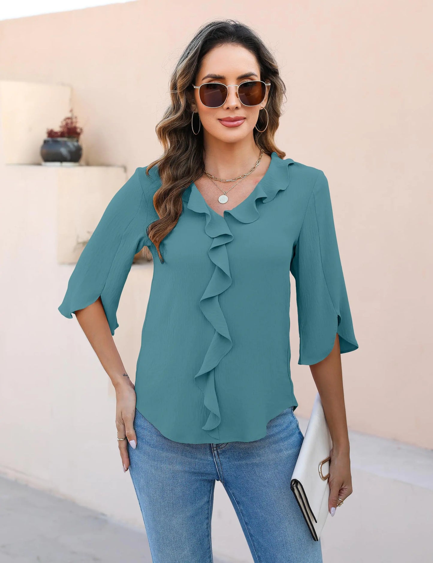 Blooming Jelly Womens Dressy Casual Blouses 3/4 Sleeve V Neck Ruffle Tops Business Ladies Summer 2024 Trendy Work Shirt Standard X-Large Teal