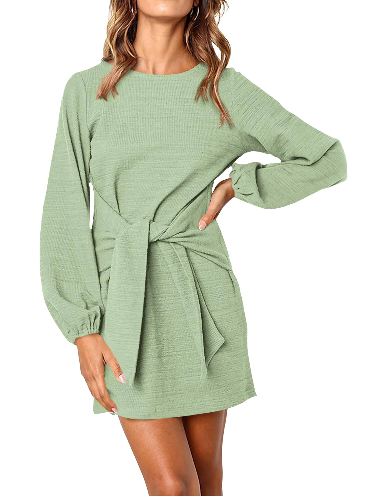 PRETTYGARDEN Women's Elegant Long Lantern Sleeve Short Dress Crewneck Tie Waist Knit Cocktail Dress Bean Green X-Large