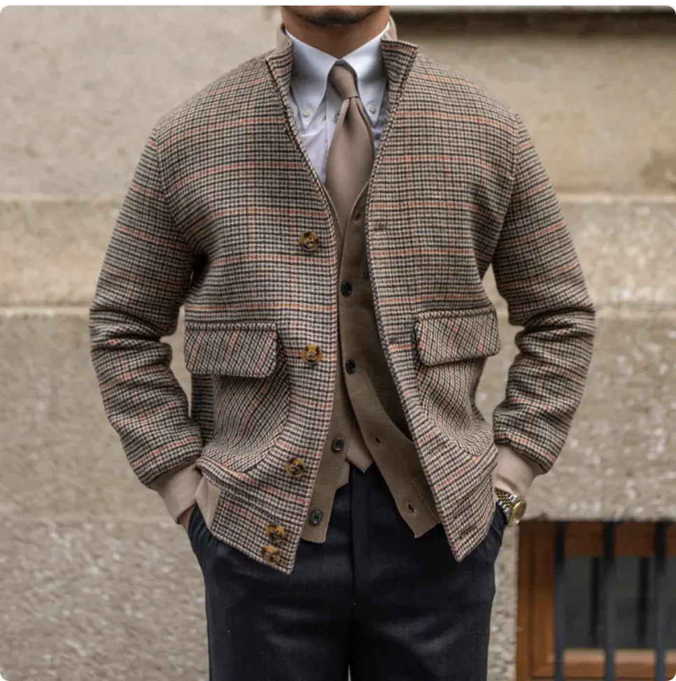 Cropped Slim-Fit Tweed Bomber Jacket with Fleece and Stand Collar