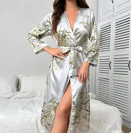 Cherry Print Satin Nightgown & Robe Set