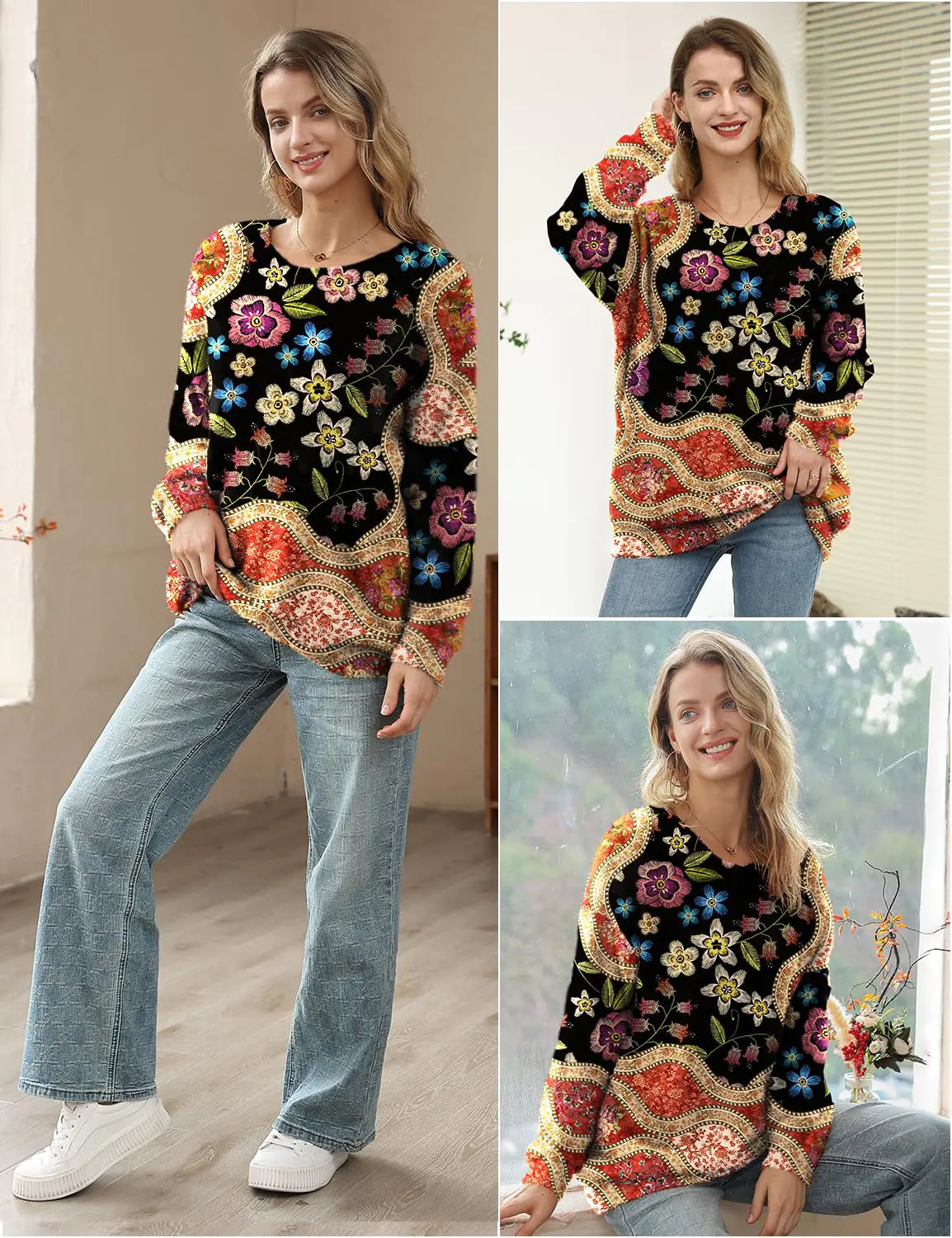 YESNO Hässlicher Weihnachtspullover für Damen, grafischer Aufdruck, übergroßer Pullover, lässige, lockere Strickoberteile, S01, XX-Groß, Blumenmuster, 174