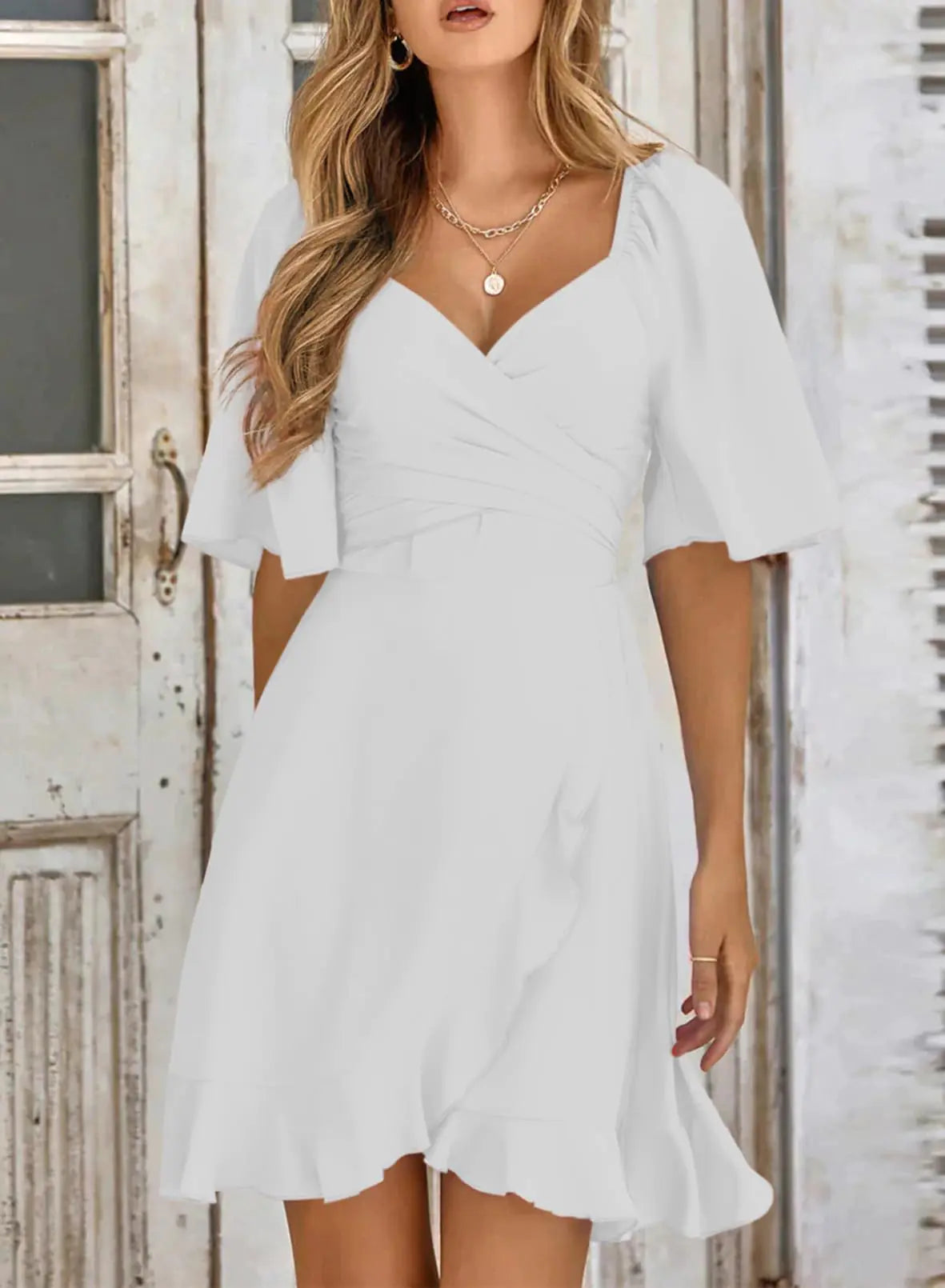 Women's Wrap V Neck Short Flared Sleeve Wedding Guest Dress X-Large White