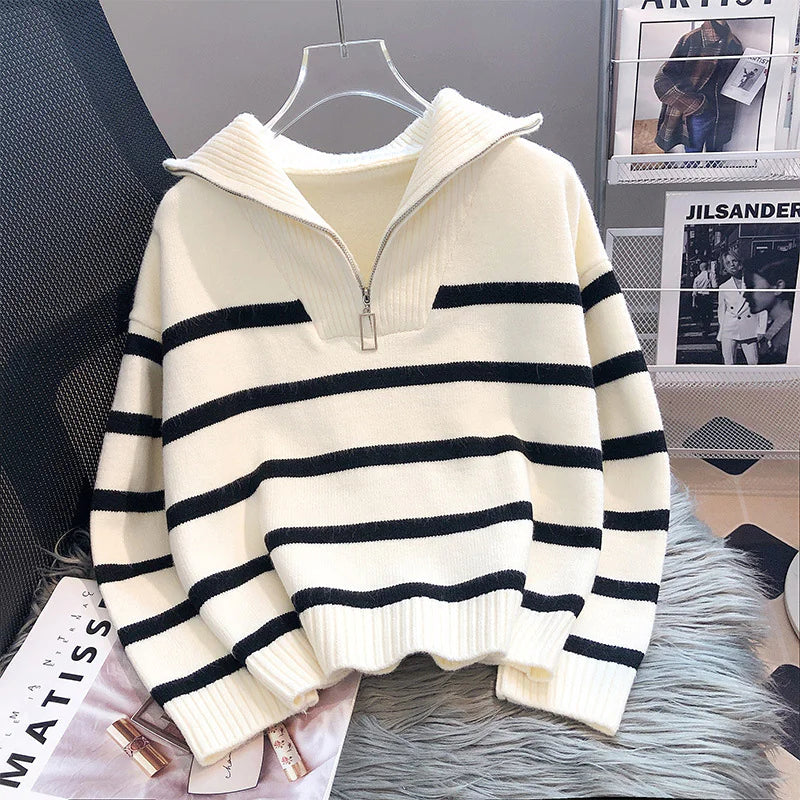 Women's Contrast Color Striped Sweater With Zipper