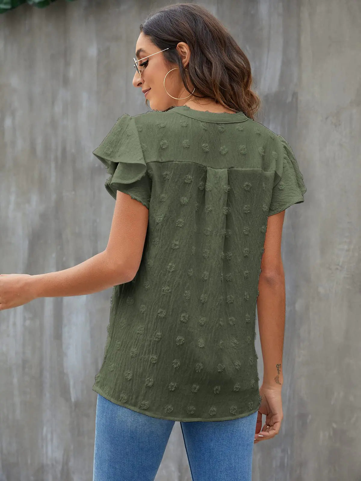 Blooming Jelly Womens White Blouse V Neck Ruffle Sleeve Flowy Shirts Dressy Casual Cute Summer Tops Medium Army Green