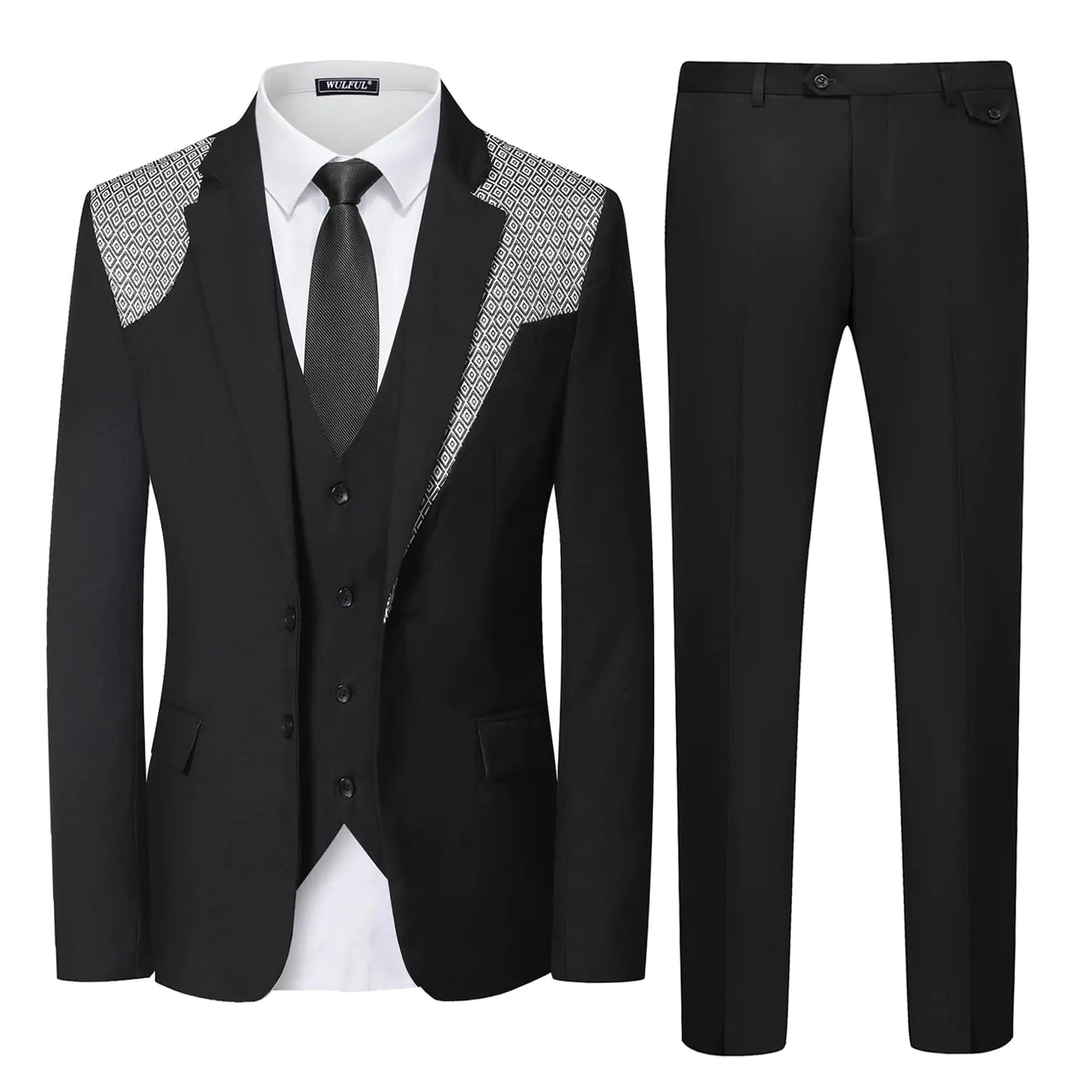 WULFUL Men's 3 Piece Slim Fit Suit Set Two Button Blazer Jacket Vest Pants Tuxedo Set for Party, Wedding and Business Medium Black-0371