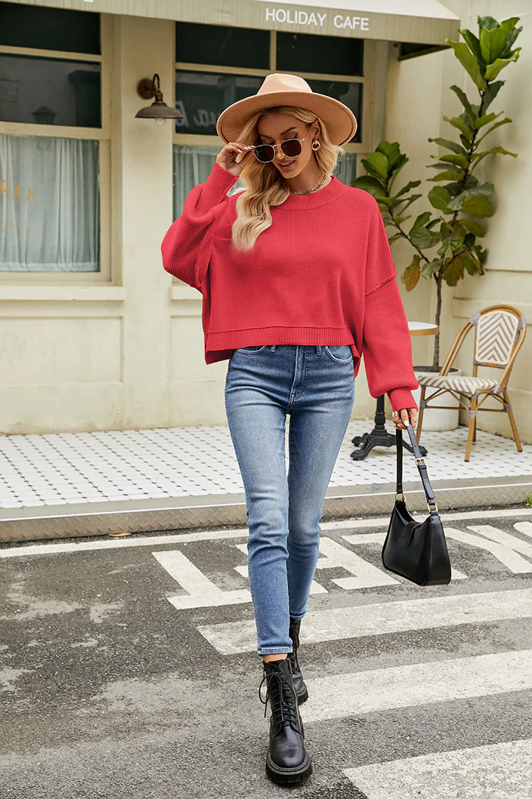 Women Loose Cropped Pullover Round Neck Sweater