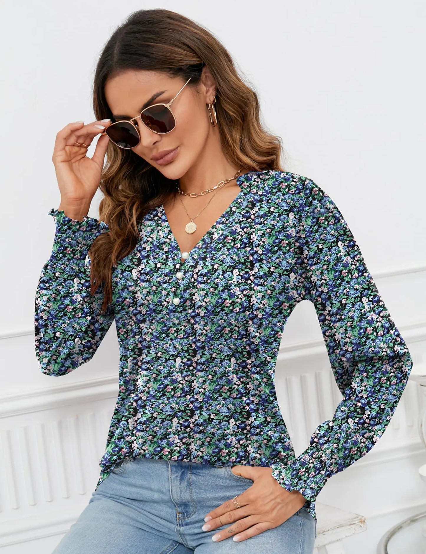 Rapbin Womens V Neck Puff Long Sleeve Button Down Tunic Blouses Fall Tops 2024 Ruffle Cuffs Dressy Casual T-Shirts Medium Long Sleeve-black Floral