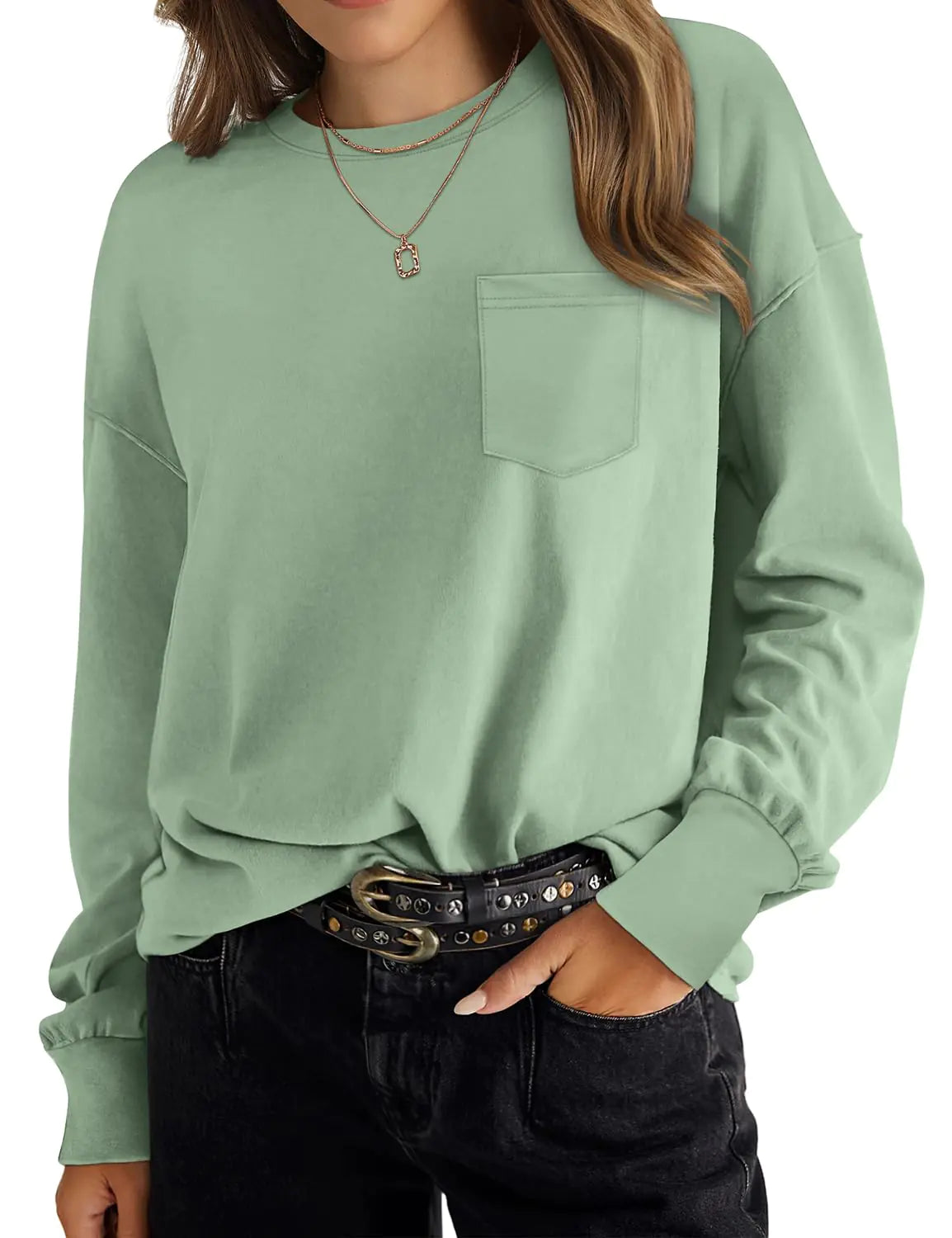 WIHOLL Womens Long Sleeve Shirts Fall Tops Casual Crewneck Loose with Pocket Trendy Clothes Balmy Green Small