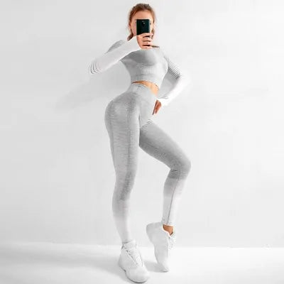 Nahtloses Ombre-Langarm-Yoga-Set: Fitnessanzug mit hoher Taille für Damen