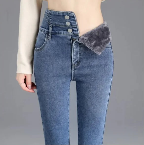 Women's High Waist Jeans Trendy Plush Fleece