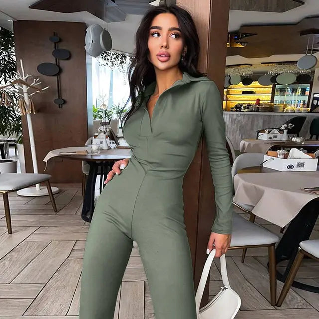 Long Sleeve V-Neck Skinny Jumpsuit