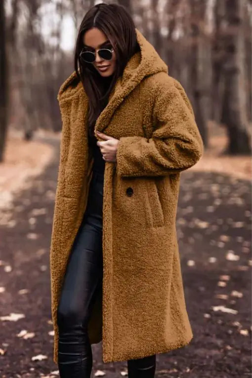 Fashion Long Clean Color Long Sleeve Woolen Women's Coat