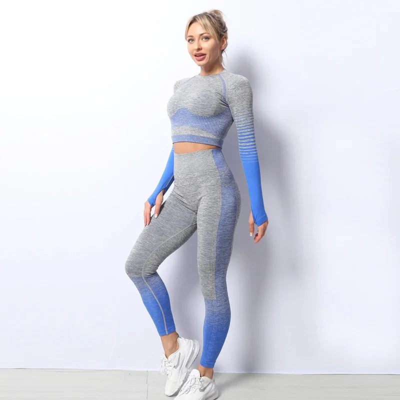 Nahtloses Ombre-Langarm-Yoga-Set: Fitnessanzug mit hoher Taille für Damen