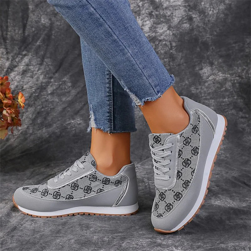 Flower Print Lace-Up Sneakers, Lightweight Casual Flats for Women