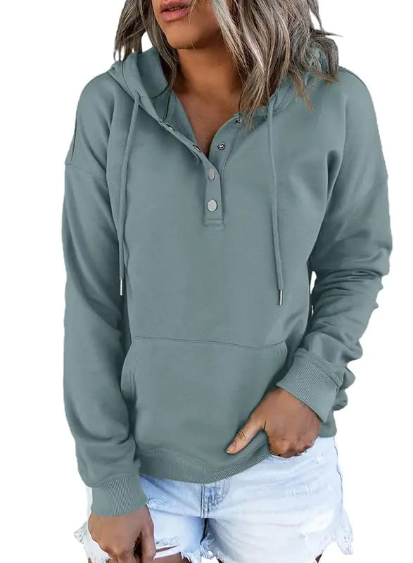 Dokotoo Damen 2024 Kapuzenpullover mit Knopfkragen und Kordelzug, Kapuzenpullover, lässig, langärmelig, Oberteile, Hemden, Grün, 4, groß