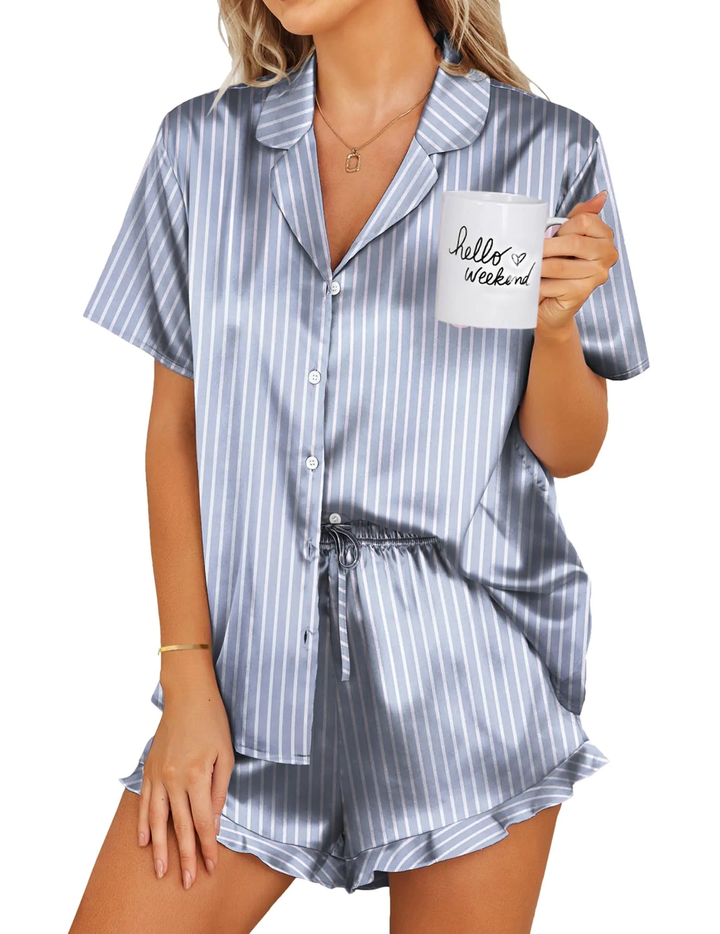 Ekouaer Damen-Pyjama-Set aus Satin mit Knopfleiste, 2-teilig, Seiden-Pyjama-Shorts-Set, Rüschen-Dessous, Reverskragen, Nachtwäsche, S-XXL, XX-Groß, gestreift, Grau/Blau