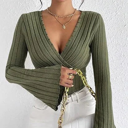 Ribbed V-Neck Slim-Fit Long Sleeve Top