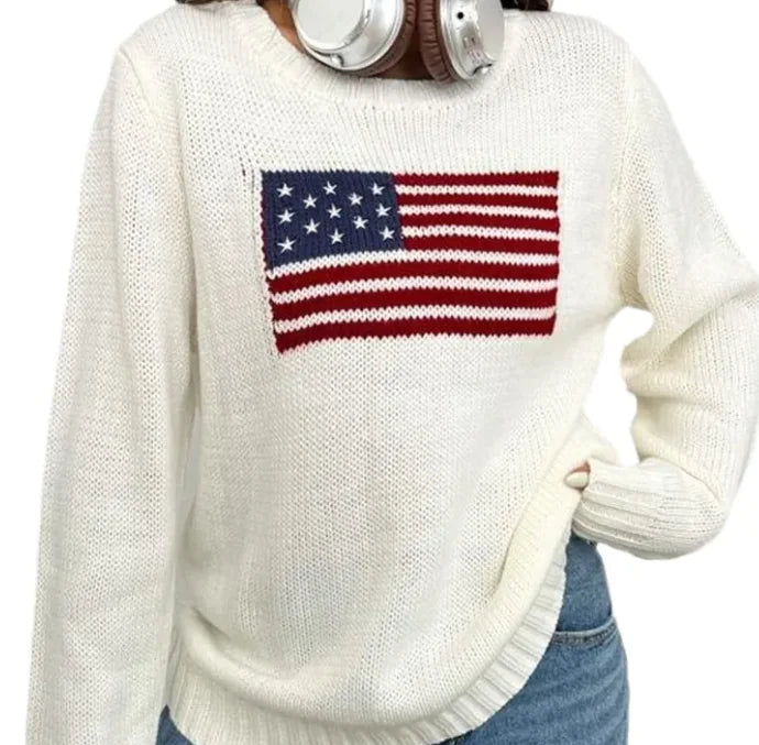 Women's Loose Round Neck Flag Sweater