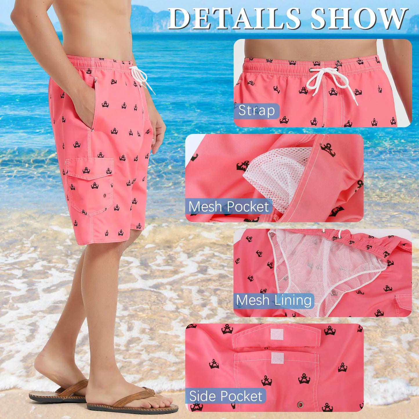 Mens Swimming Trunks Swim Trunks Quick Dry Swim Shorts with Mesh Lining Funny Swimwear Bathing Suits Large Pink Anchor