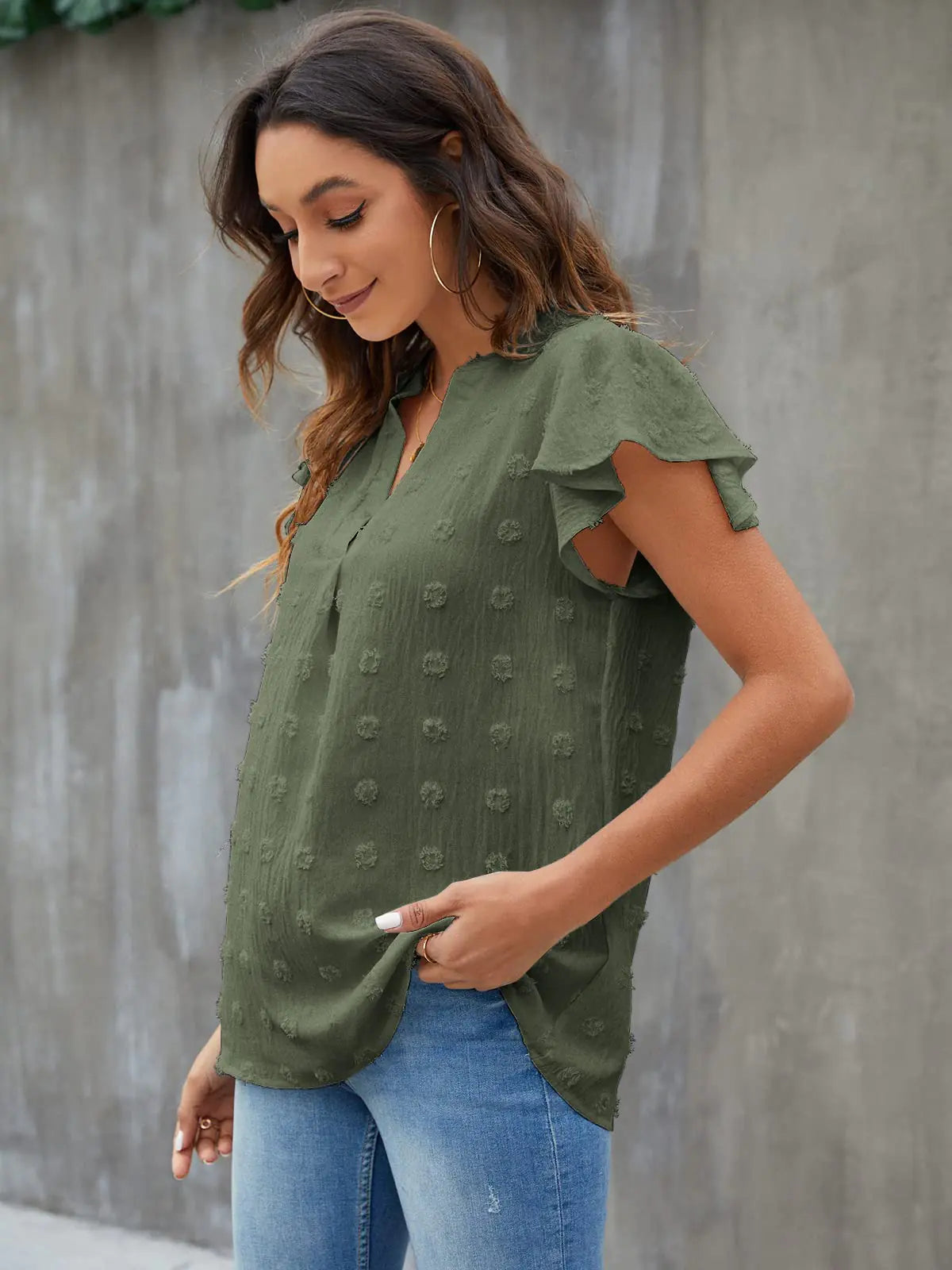 Blooming Jelly Womens White Blouse V Neck Ruffle Sleeve Flowy Shirts Dressy Casual Cute Summer Tops Medium Army Green