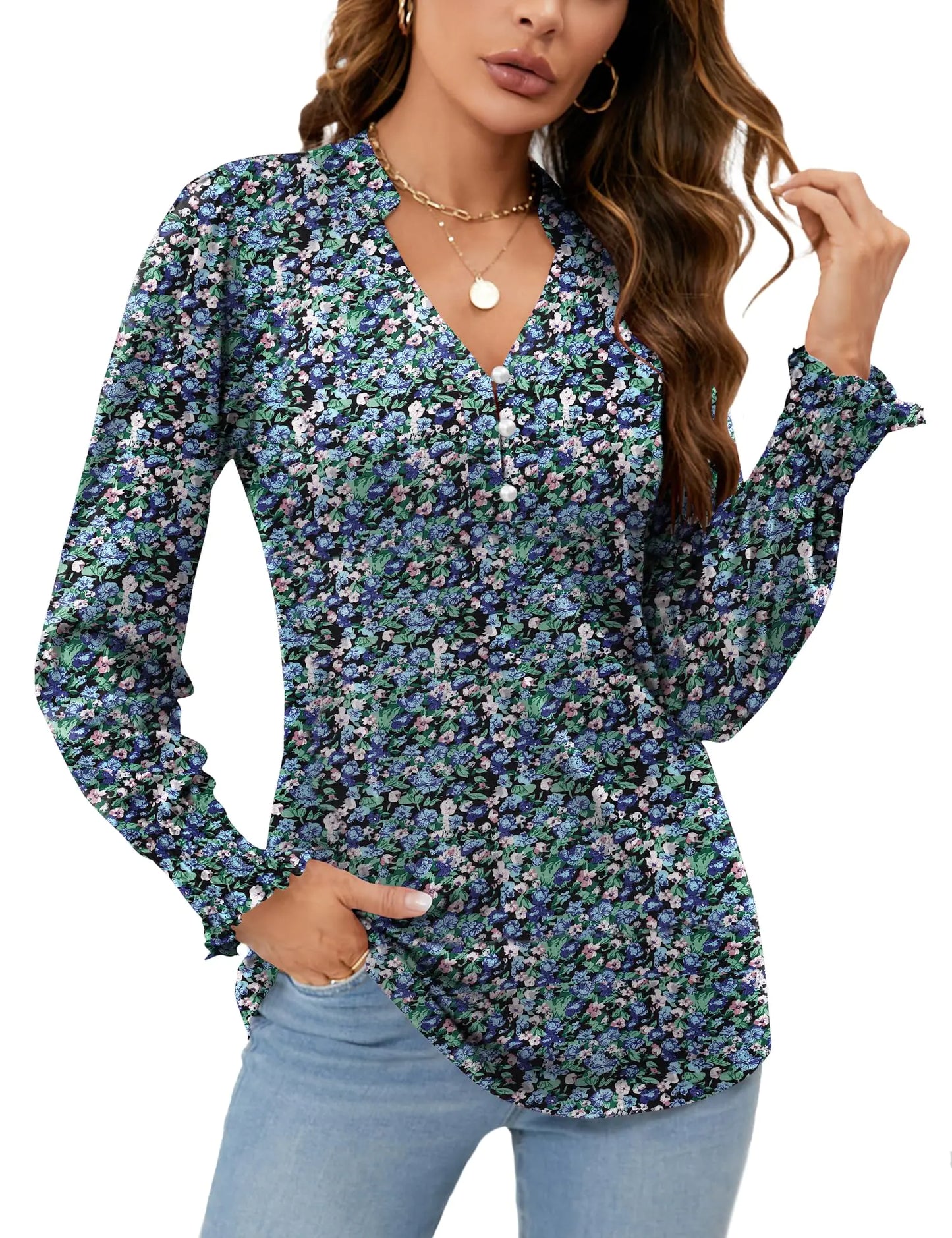 Rapbin Womens V Neck Puff Long Sleeve Button Down Tunic Blouses Fall Tops 2024 Ruffle Cuffs Dressy Casual T-Shirts Medium Long Sleeve-black Floral