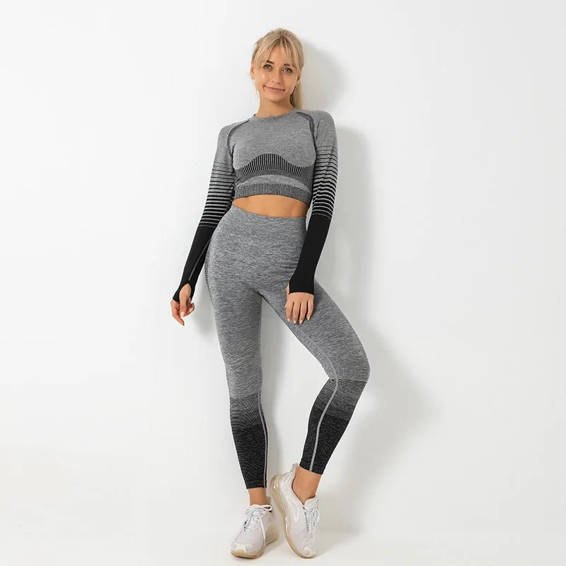 Nahtloses Ombre-Langarm-Yoga-Set: Fitnessanzug mit hoher Taille für Damen