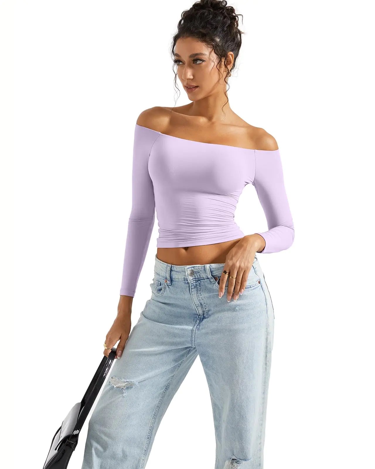 SUUKSESS Women Off Shoulder Double Lined Long Sleeve Shirts Basic Going Out Tops X-Small Lilac