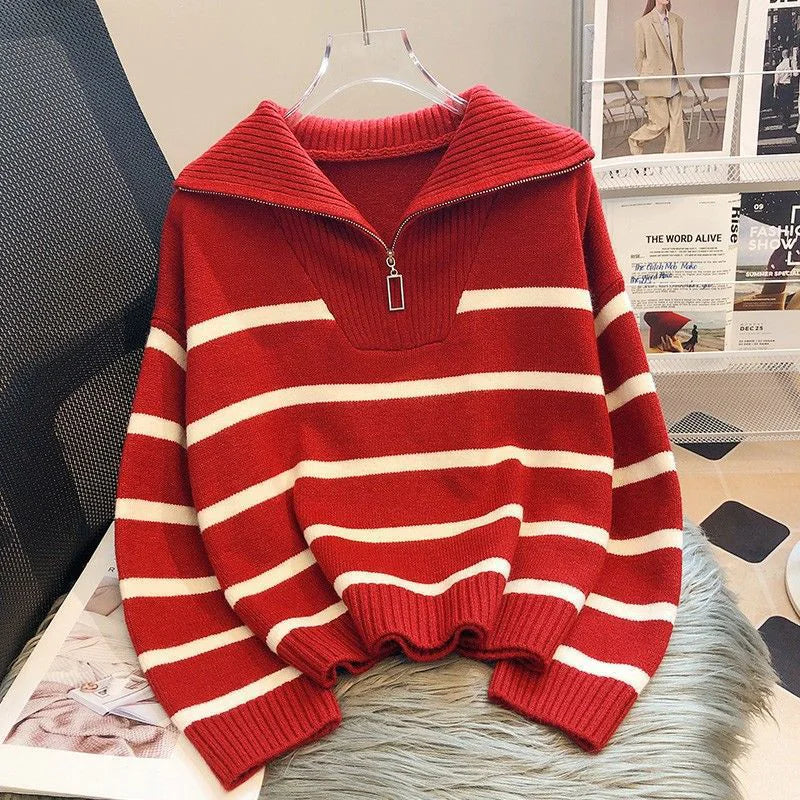 Women's Contrast Color Striped Sweater With Zipper