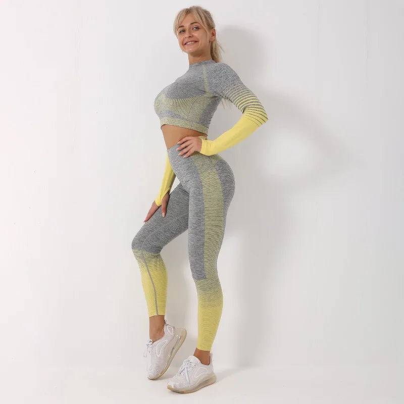 Nahtloses Ombre-Langarm-Yoga-Set: Fitnessanzug mit hoher Taille für Damen