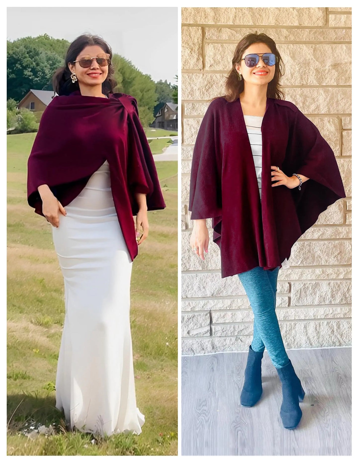 PULI Womens Large Cross Front Poncho Sweater Wrap Topper Knitted Elegant Shawls Cape for Fall Winter 1-burgundy