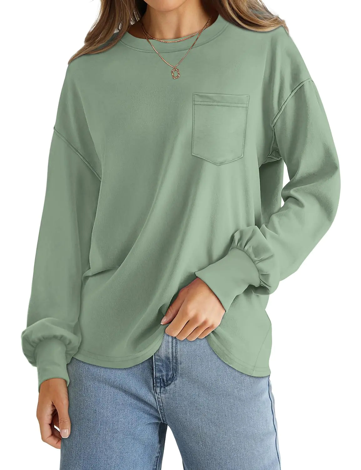 WIHOLL Womens Long Sleeve Shirts Fall Tops Casual Crewneck Loose with Pocket Trendy Clothes Balmy Green Small