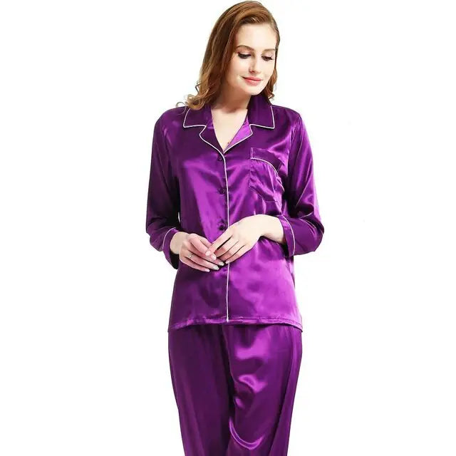 New Elegant Fashion Casual Women Lady Satin Pajamas Set