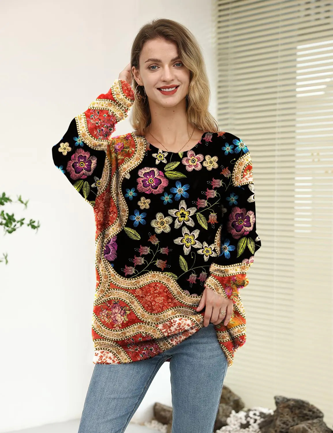 YESNO Hässlicher Weihnachtspullover für Damen, grafischer Aufdruck, übergroßer Pullover, lässige, lockere Strickoberteile, S01, XX-Groß, Blumenmuster, 174