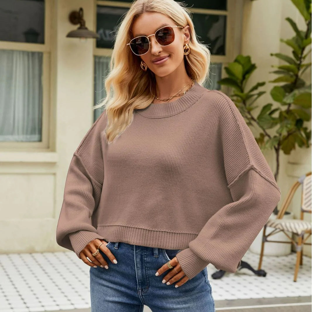 Women Loose Cropped Pullover Round Neck Sweater