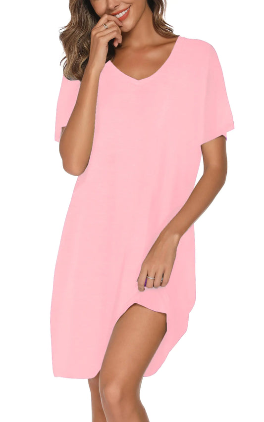 Nachthemden für Damen, weiche Baumwolle, Schlafhemden, kurzärmlig, Nachtwäsche, S-XXL, Rosa, X-Large