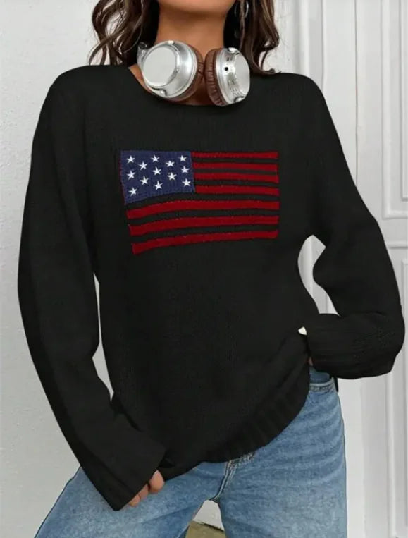 Women's Loose Round Neck Flag Sweater