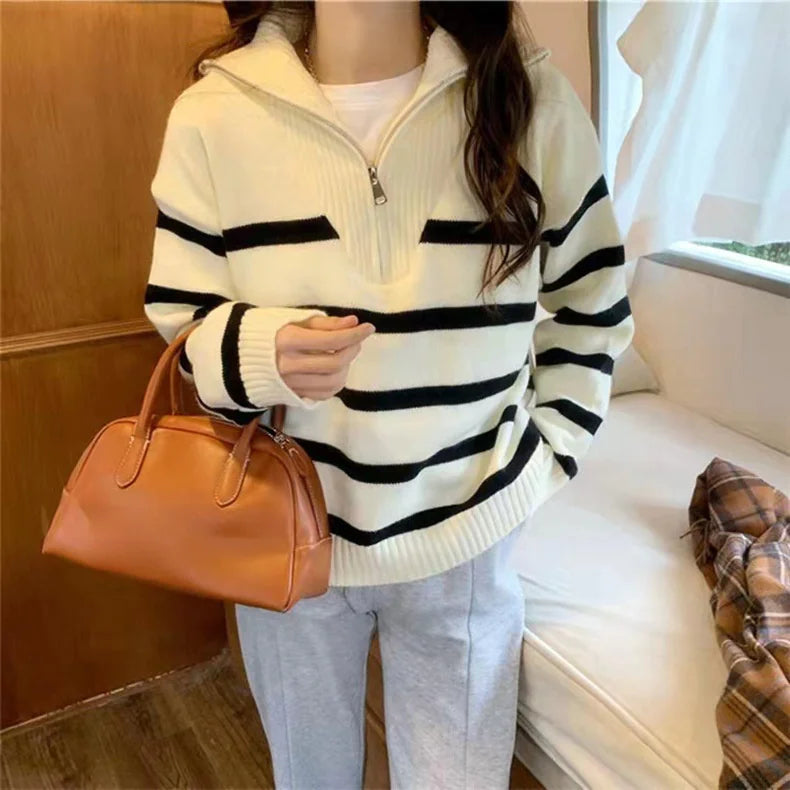 Women's Contrast Color Striped Sweater With Zipper