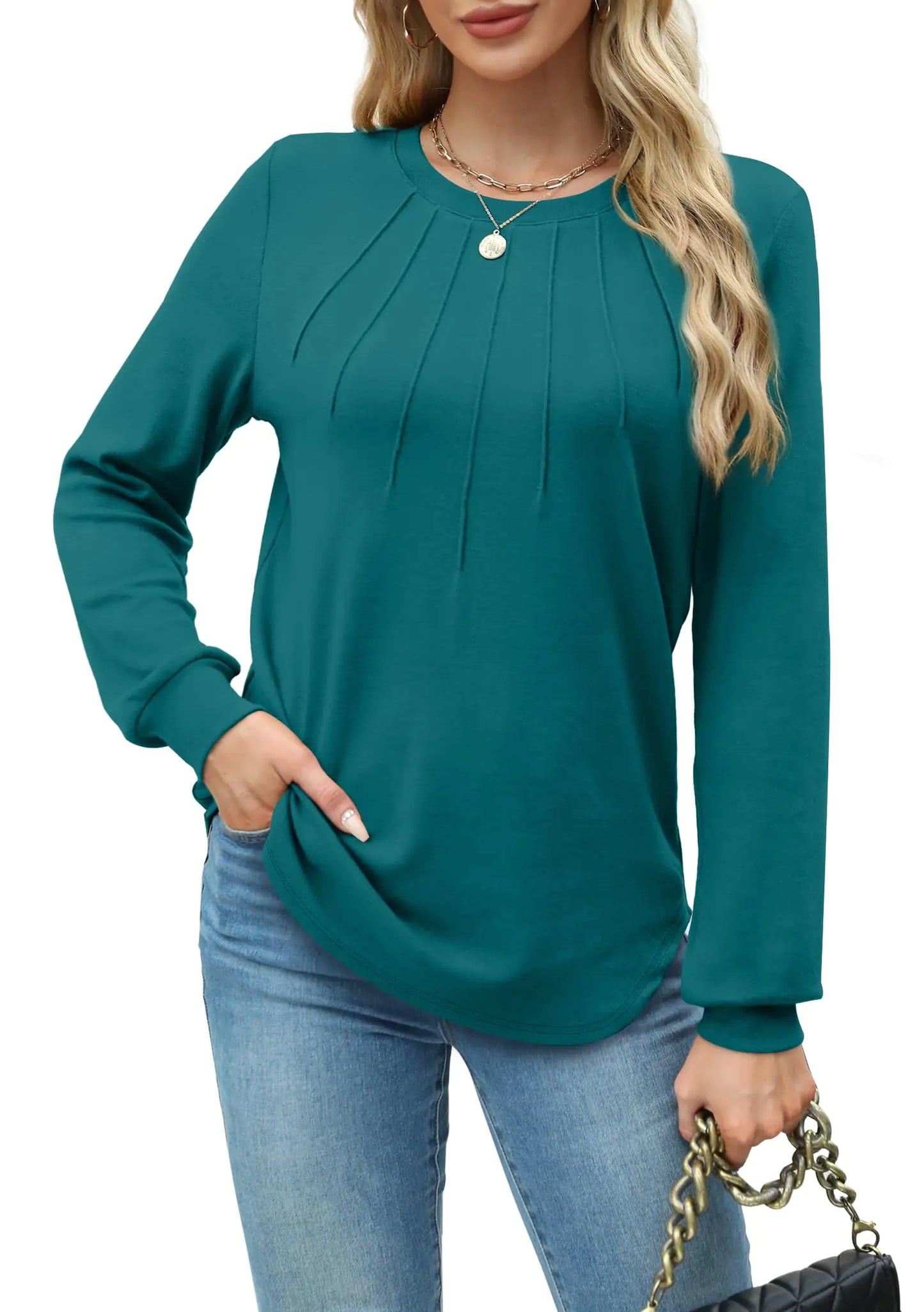 WIHOLL Womens Tunic Tops Loose Fit Long Sleeve Pleated Shirts Crewneck Tops Storm Blue Medium