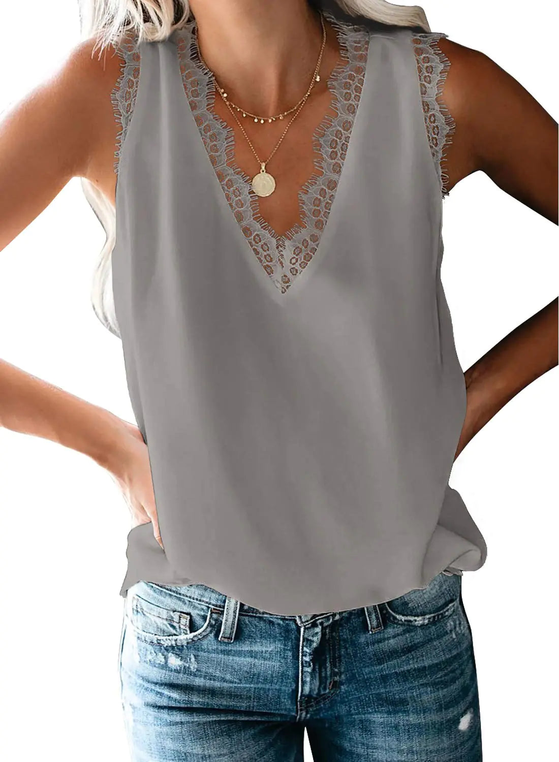 BLENCOT Women Lace Trim Tank Tops V Neck Fashion Casual Sleeveless Blouse Vest Shirts X-Large Gray