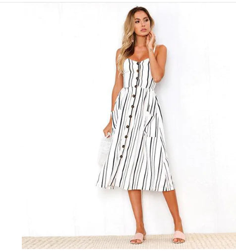 BeAvant Lässiges gestreiftes Leinen-Baumwollkleid für Damen mit Knopfleiste, Strand-Sommerkleid 2019, sexy rückenfreie Midikleider für Damen, Vestidos