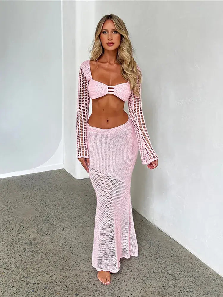 2 Piece Skirt Set Hollow Out Crop Top Long Sleeve